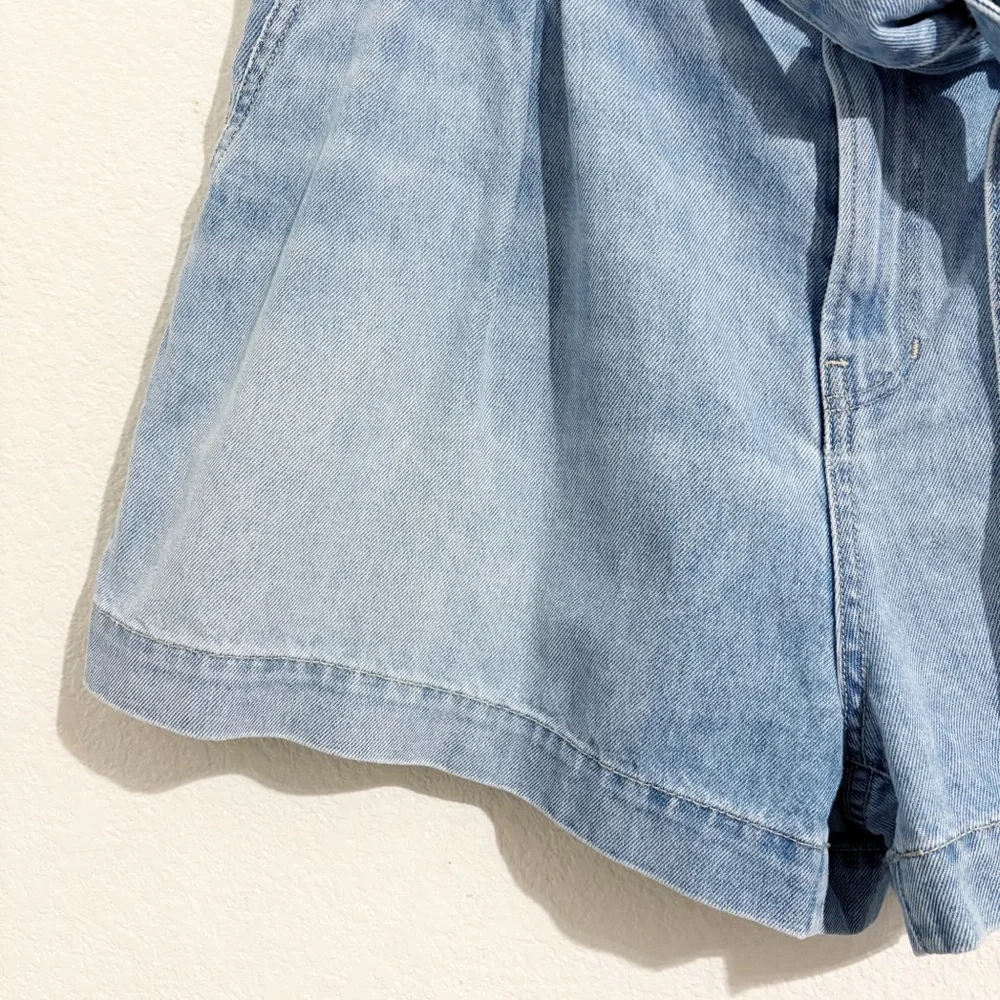 Veronica Beard‎ Jeans Nori Paperbag Waist Pleated High Rise Denim Shorts in Nova